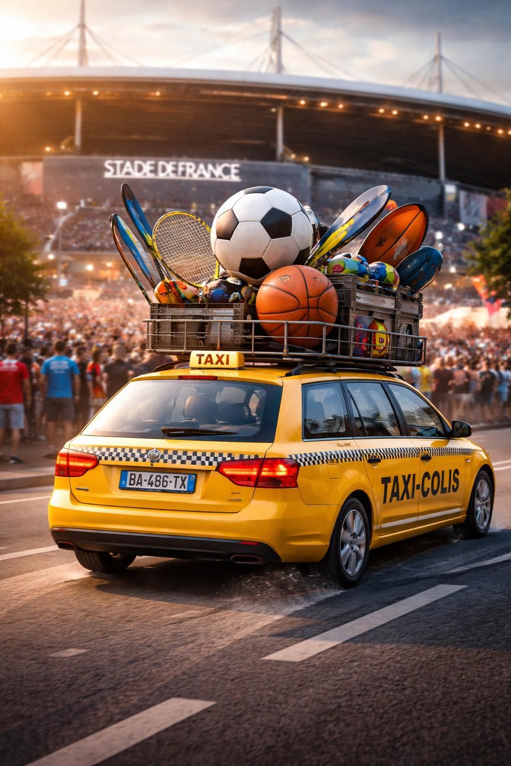 service de taxi-colis spécialisé dans le transport sécurisé d'équipements sportifs vers le stade de france et roland-garros, rapide et fiable.